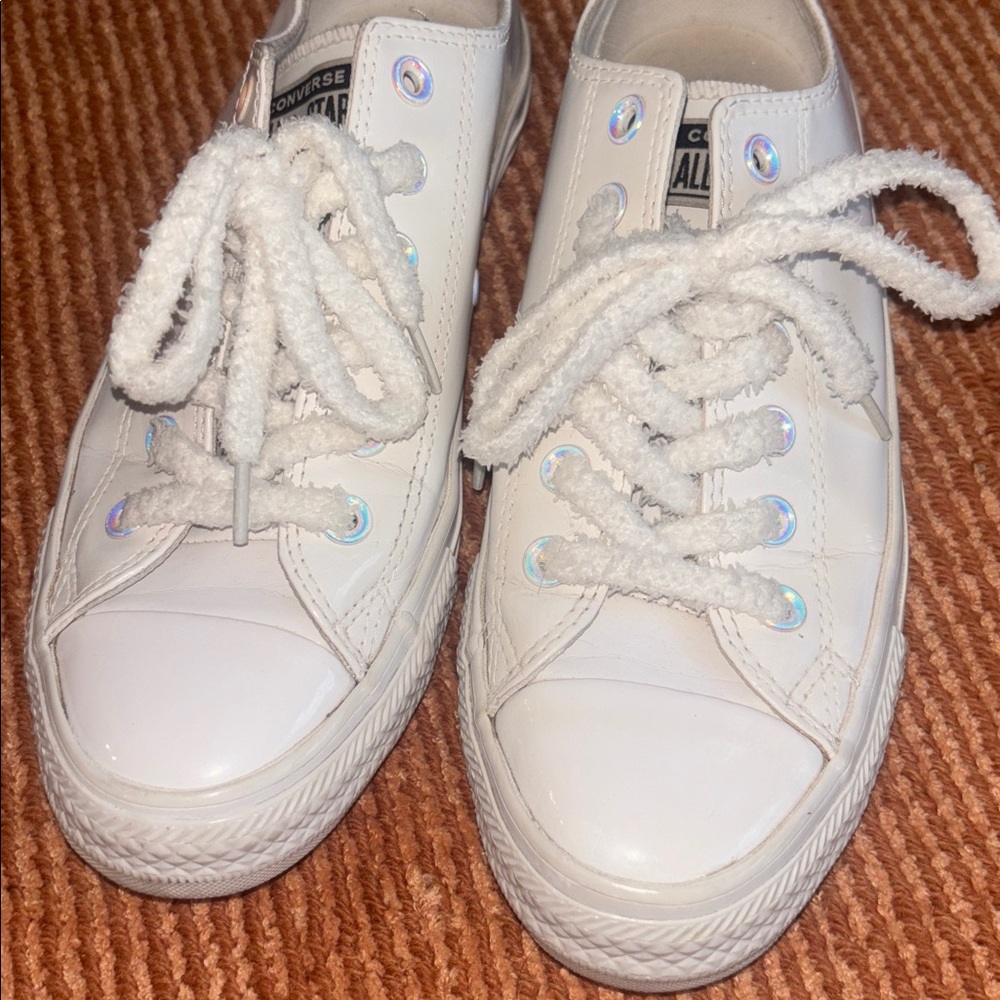 Converse White patent leather Sneaks size 8 iridescent hardware new fluffy laces - Picture 8 of 14